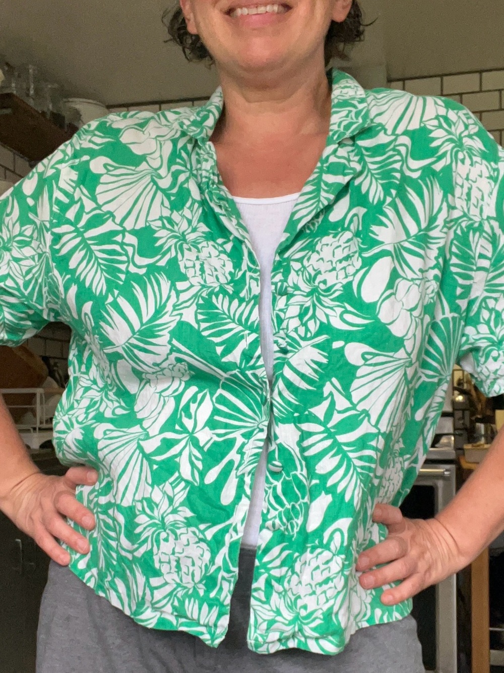 Green Linen Floral Button-Front Women's Blouse Tropical Pineapples